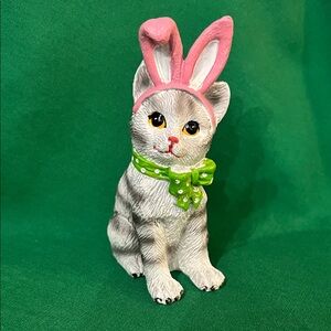 Ganz Easter Kitten  Figurine with Pink Bunny Ears & Green Bow